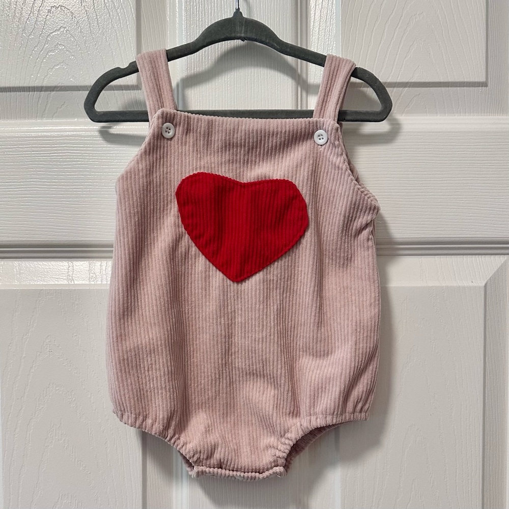 Pink Corduroy Baby Romper with Red Heart Patch, Size 6m